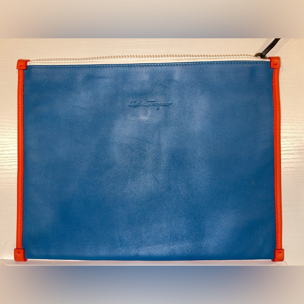 Salvatore Ferragamo Blue Cosmetic Bag with Red Trim
